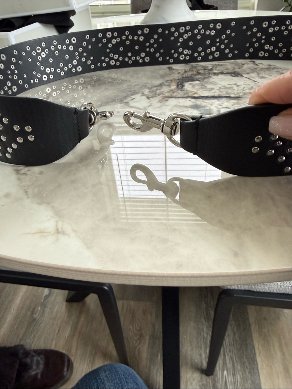 Black Leather Studded Bag Strap with Silver Hardware - Picture 6 of 7